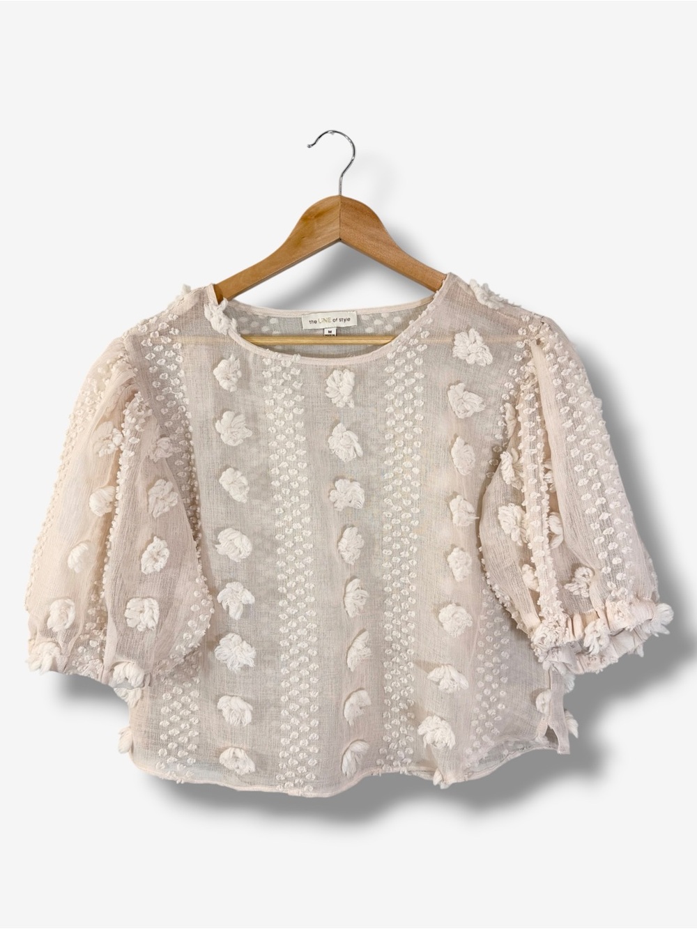 The Line of Style M Cream Sheer Gauze Tufted Floral Puff Sleeve Blouse Boho
